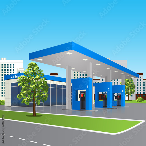 petrol station with a small shop and reflection