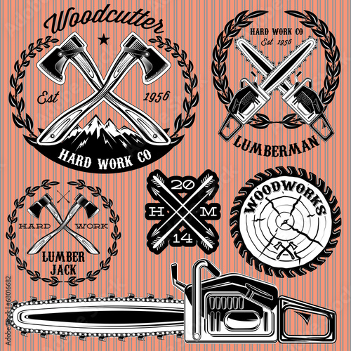 set of labels on lumberjack, working with wood