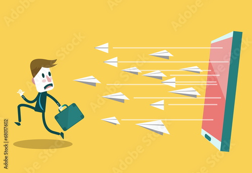 Businessman run away from e-mail attract.  flat design vector