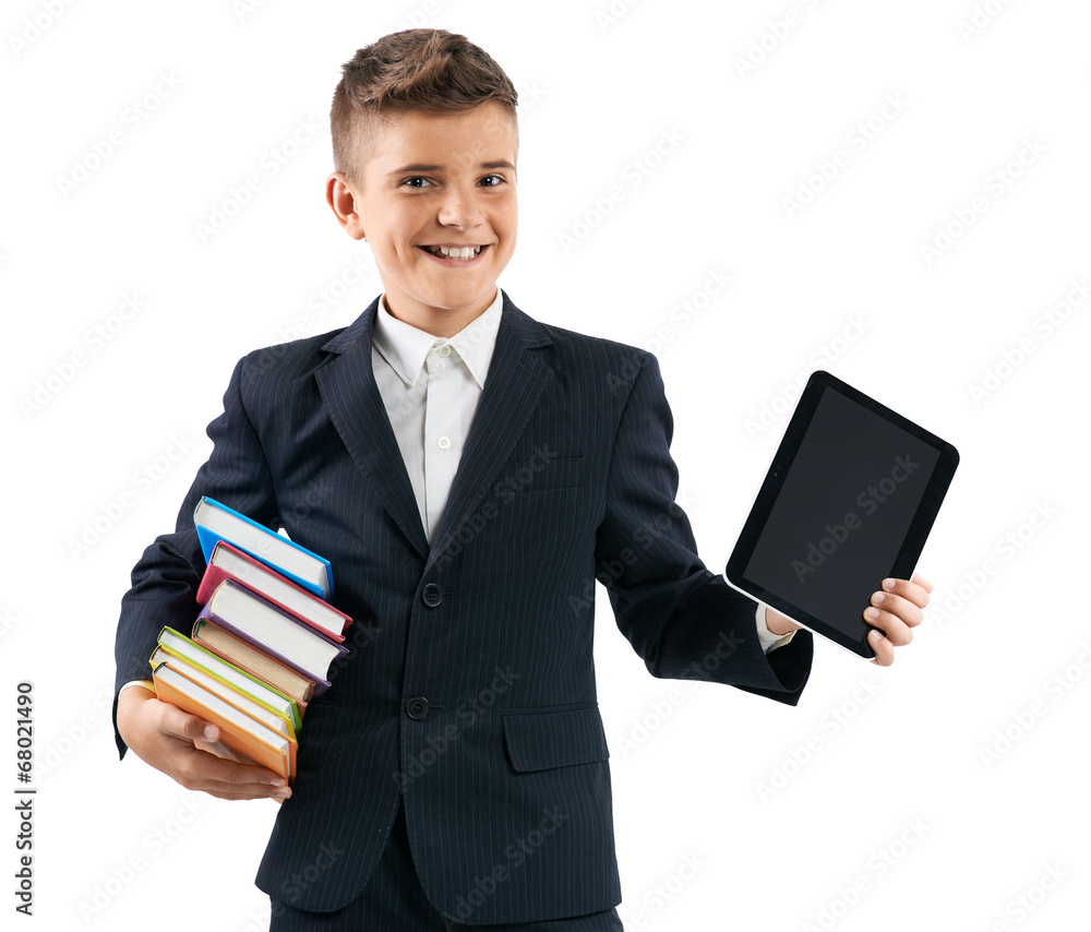 schoolboy holding a tablet and books schoolboy holding a tablet and books