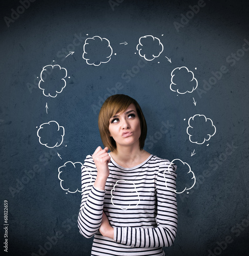 Young woman thinking with cloud circulation around her head