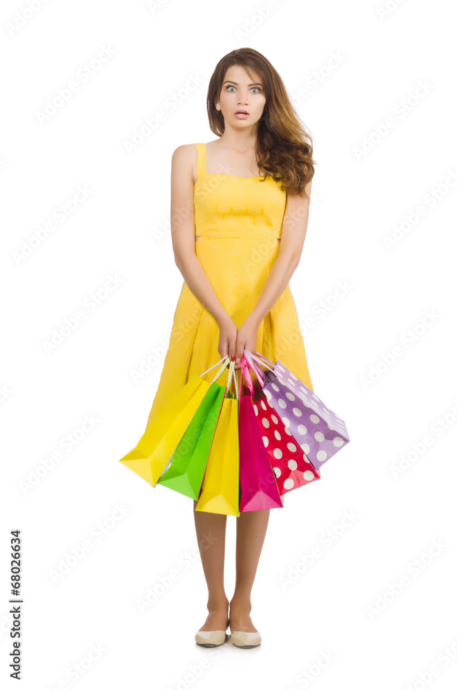 Woman after shopping spree on white Woman after shopping spree on white