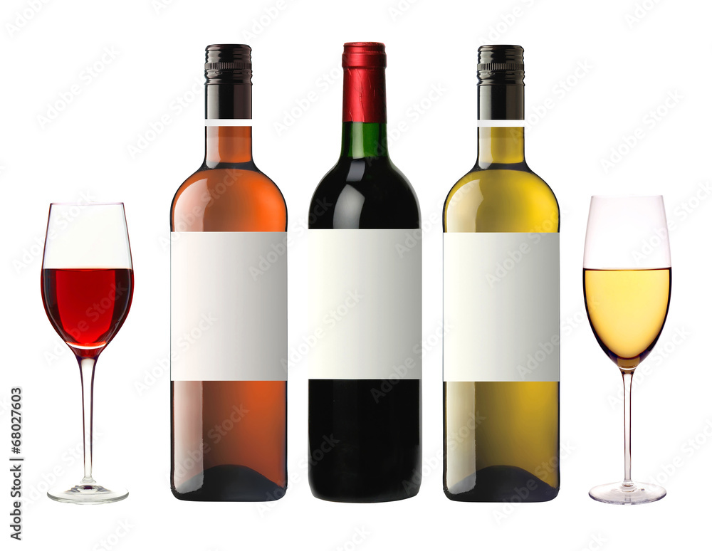 bottles of red, pink and white wine isolated on white bottles of red, pink and white wine isolated on white