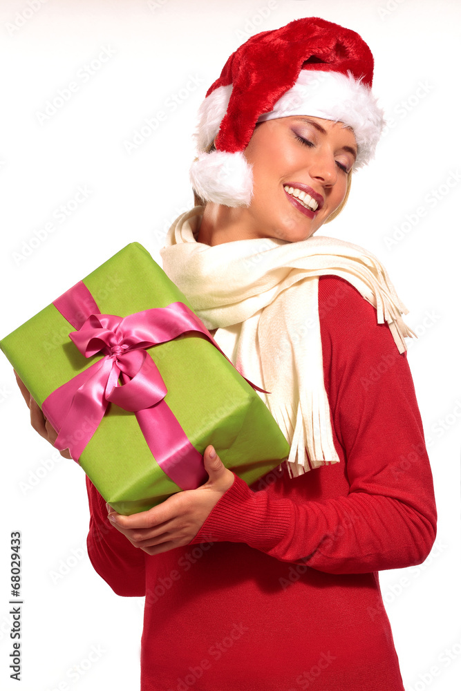 Christmas Santa hat woman portrait hold christmas gift Christmas Santa hat woman portrait hold christmas gift