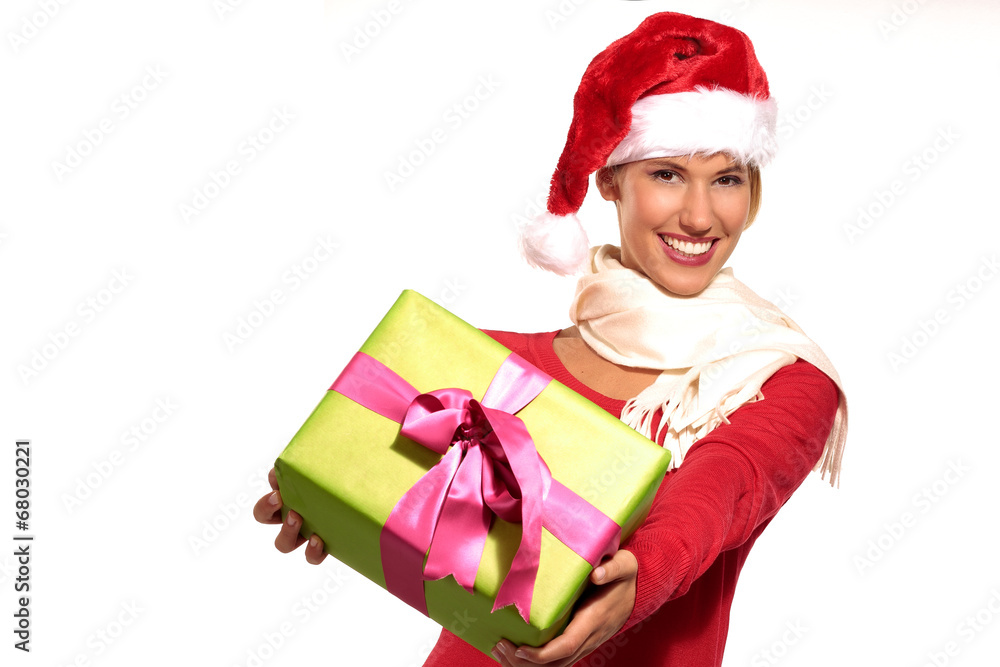 Christmas Santa hat woman portrait hold christmas gift Christmas Santa hat woman portrait hold christmas gift