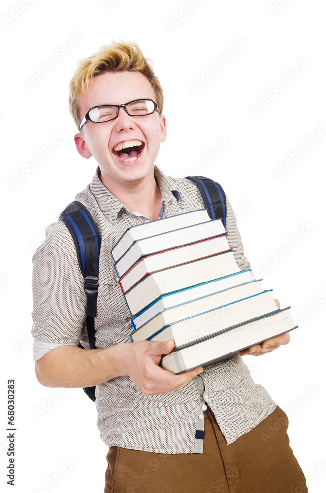 Funny student with stack of books Funny student with stack of books