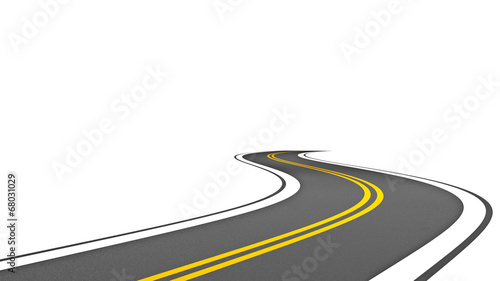 Kurvige Straße mit doppeltem, gelbem Mittelstrichen verliert sich in der Ferne. Freigestellt - 3D Rendering © ludariimago
