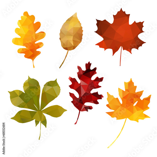 Set of fall autumn leaves, polygonal design, vector illustration