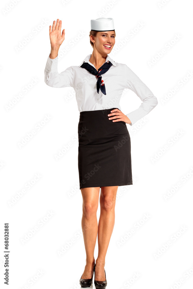 Charming flight stewardess showing various gesture Charming flight stewardess showing various gesture