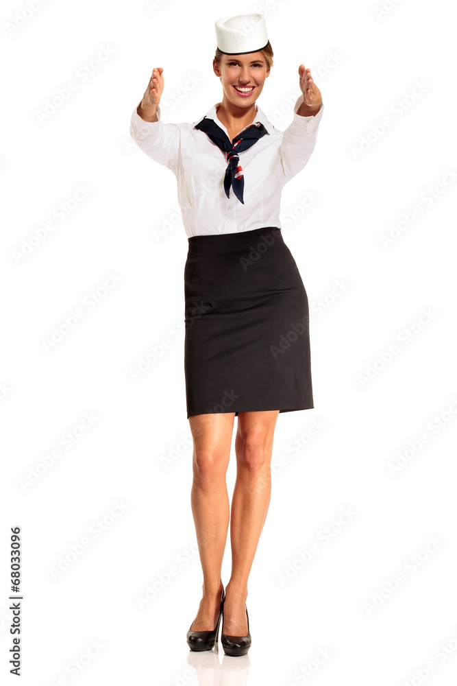 Charming flight stewardess showing various gesture Charming flight stewardess showing various gesture