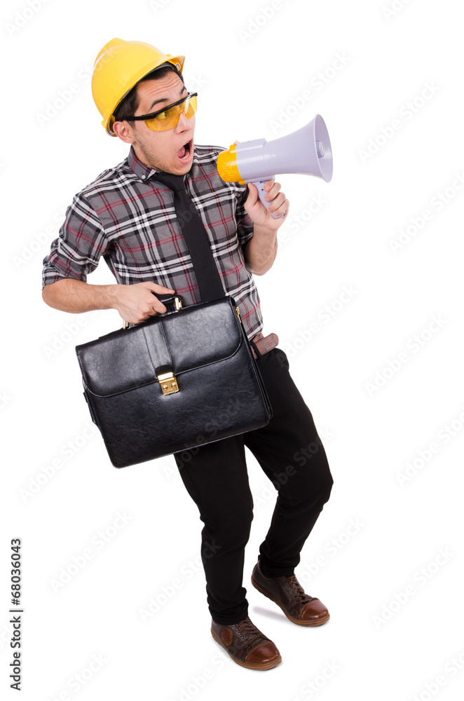 Construction supervisor shouting at megaphone Construction supervisor shouting at megaphone