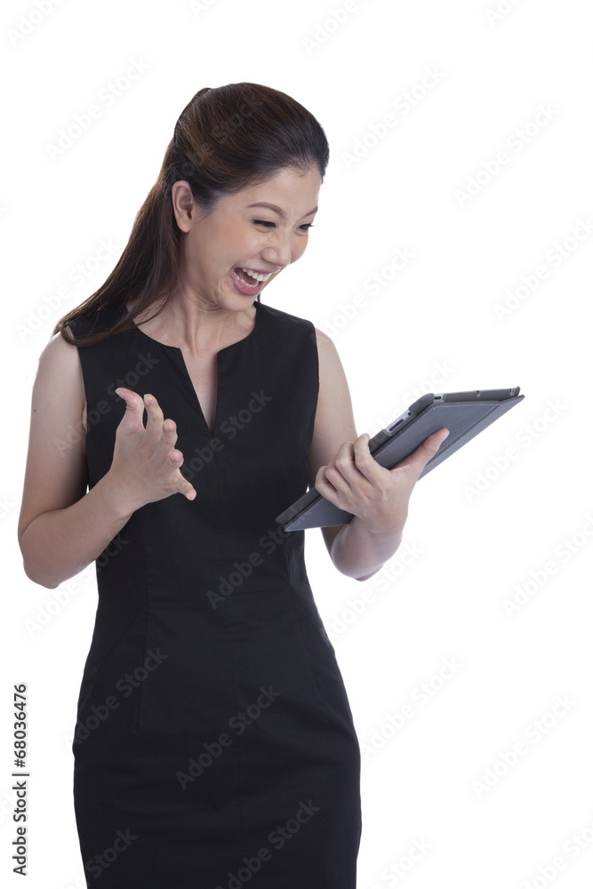 Tablet computer woman winning happy excited Tablet computer woman winning happy excited