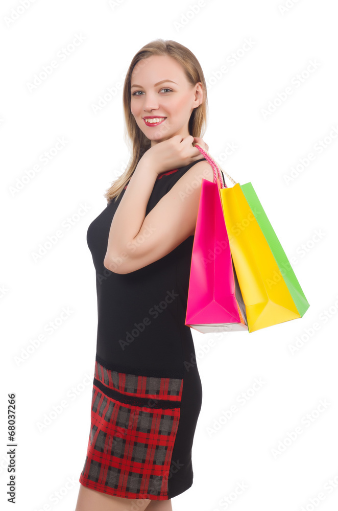 Woman after shopping spree on white Woman after shopping spree on white