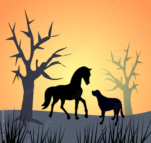 Horse and Dog by Sunset