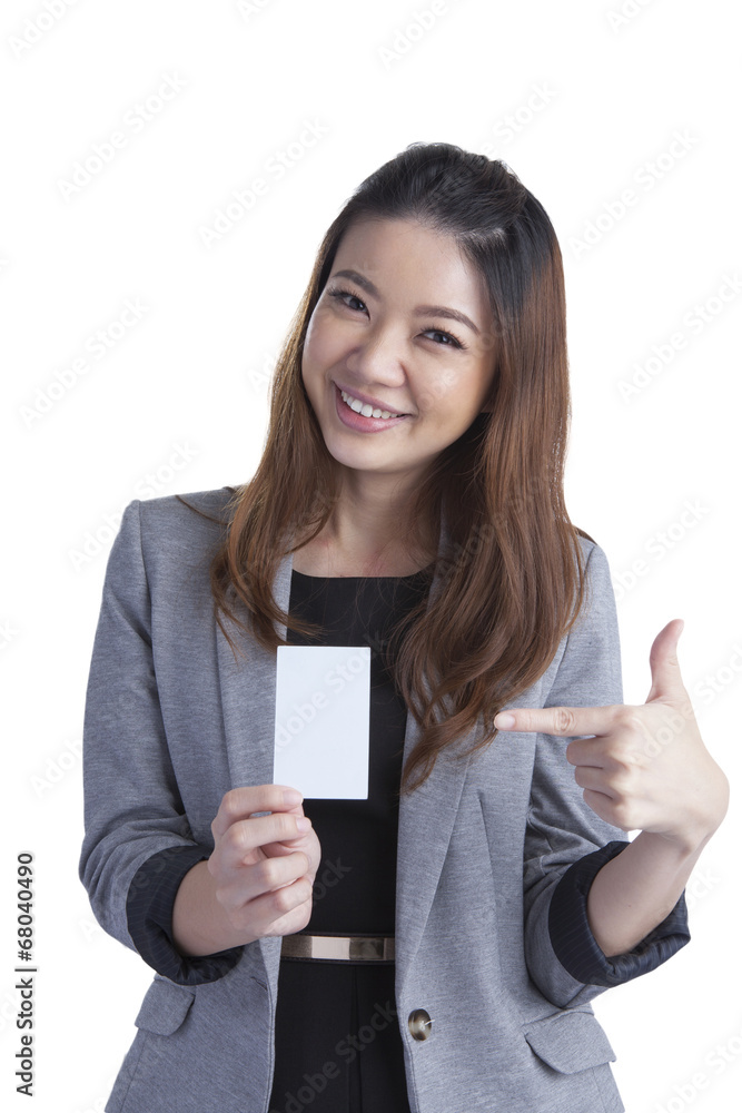 Businesswoman Holding Blank Credit Card on White Businesswoman Holding Blank Credit Card on White