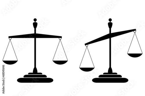 Justice scales-balanced and tilted isolated on white