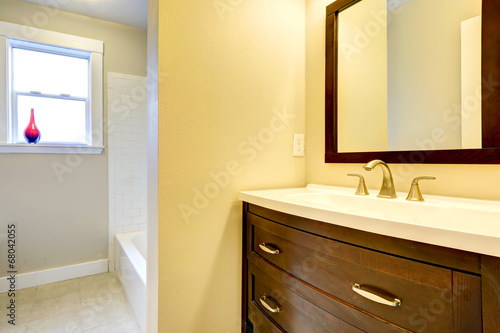 Bathroom vanity cabinet  with golden faucet and white sink