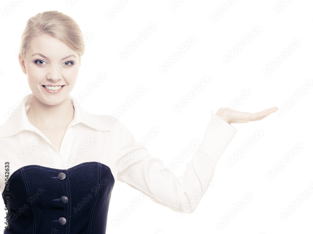 Ad. Businesswoman showing blank copy space Ad. Businesswoman showing blank copy space