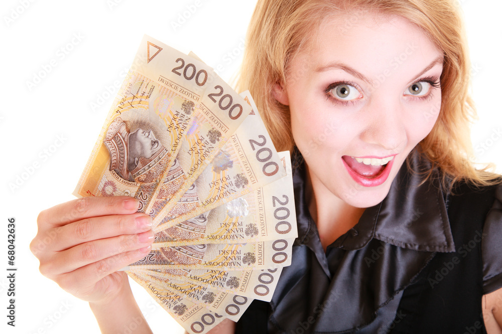 Business woman holding polish currency money banknote. Business woman holding polish currency money banknote.