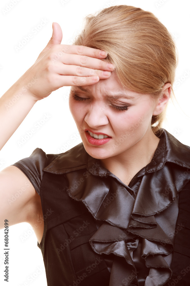 Headache. Woman suffering from head pain isolated. StockFoto Adobe Stock