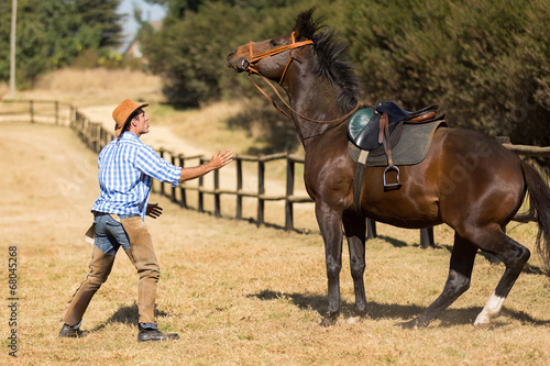 breeder trying to calm down his horse