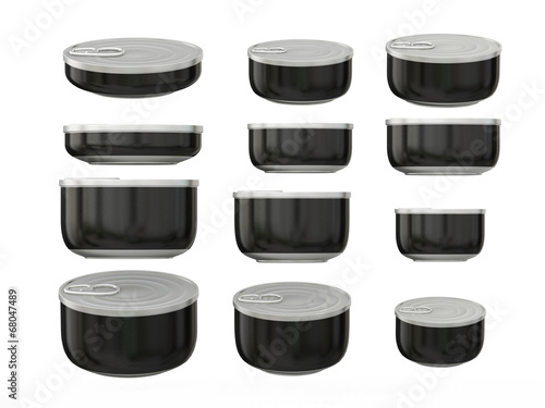 Set of black round bottom tin cans in various sizes, clipping pa