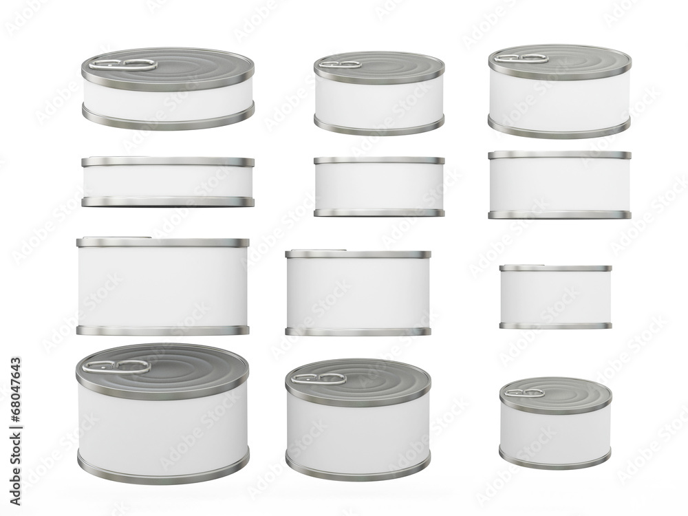 Set of white short  cylindrical tin cans in various sizes, clipp