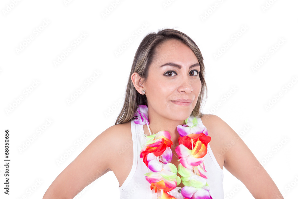 beautiful young woman wearing shorts and a flower lei beautiful young woman wearing shorts and a flower lei