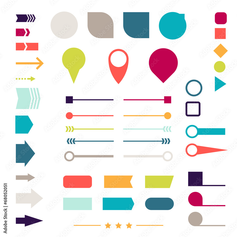 Set of elements, markers, arrows and dividers for design. Set of elements, markers, arrows and dividers for design.