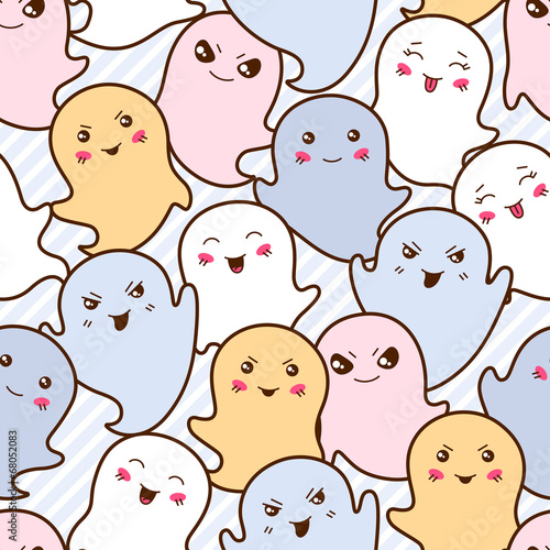 Seamless kawaii cartoon pattern with cute ghosts.