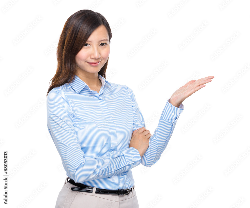 Asian businesswoman present open palm isolated Asian businesswoman present open palm isolated