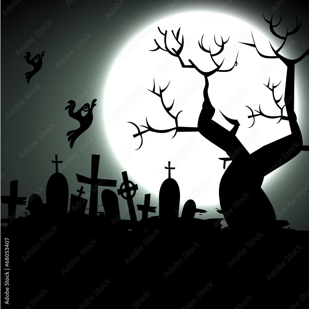 Halloween background with haunted house, bats and pumpkin
