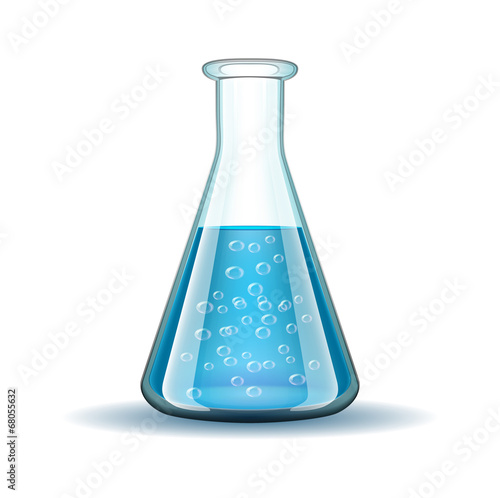 Chemical laboratory transparent flask with blue liquid
