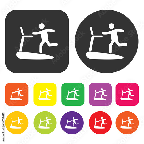Treadmill icon. Health and fitness symbol. Round and rectangle c
