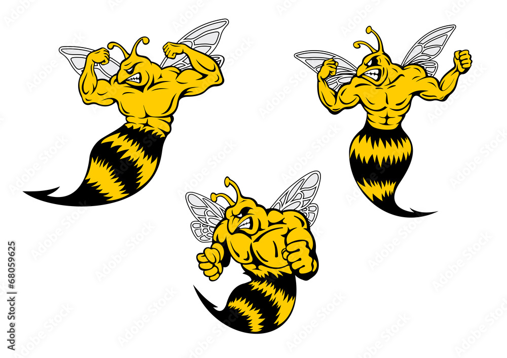 Angry cartoon wasp or hornets with a sting - obrazy, fototapety, plakaty 