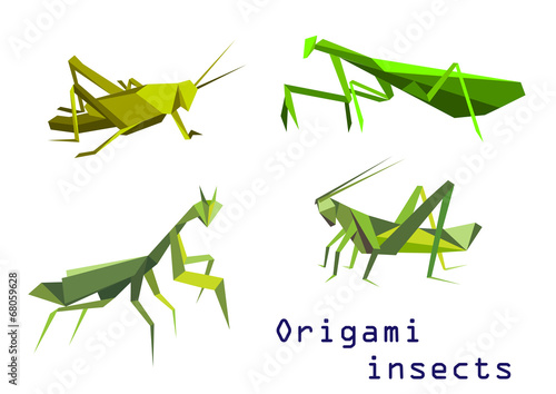 Green origami grasshoppers and mantis