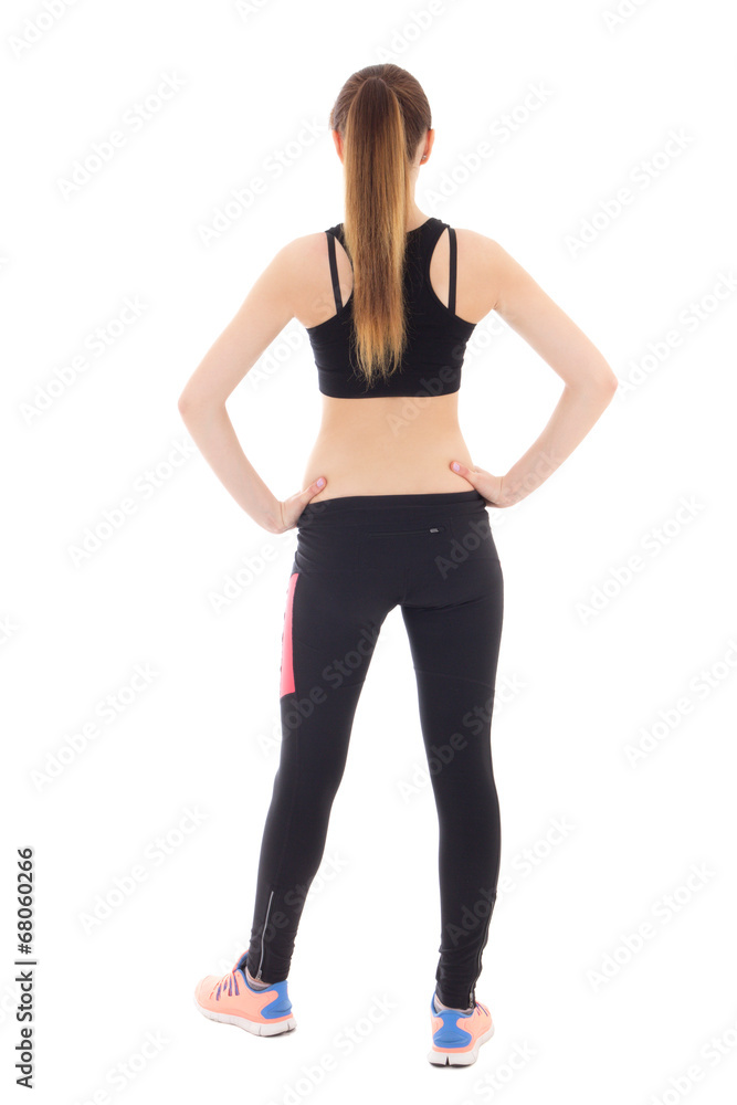 back view of young woman in sports wear isolated on white