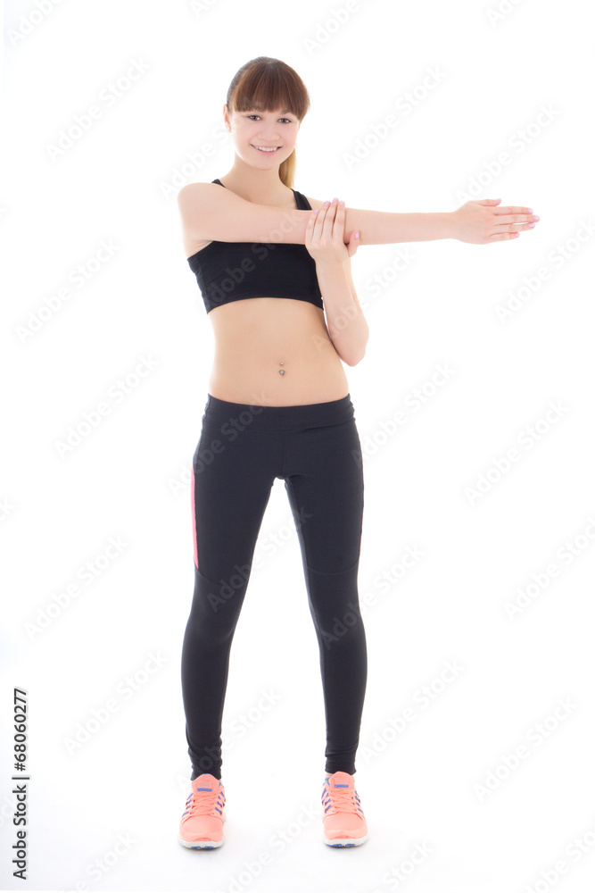 teenage girl in sports wear stretching hand isolated on white