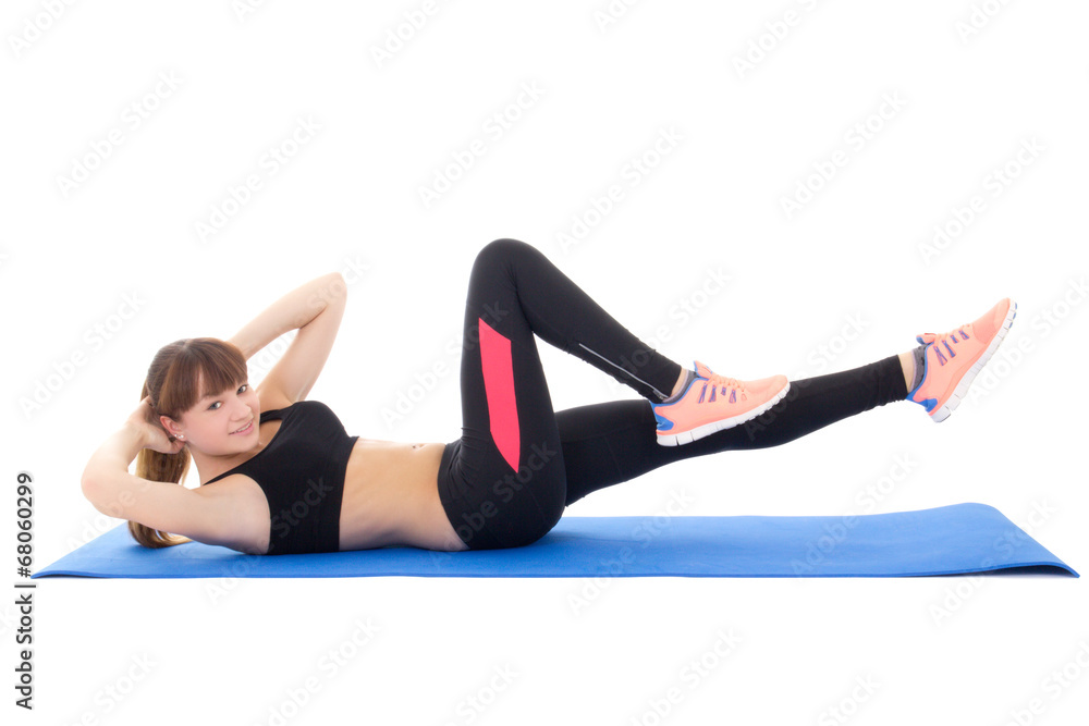 young woman doing exercises for abdominal muscles isolated on wh young woman doing exercises for abdominal muscles isolated on wh