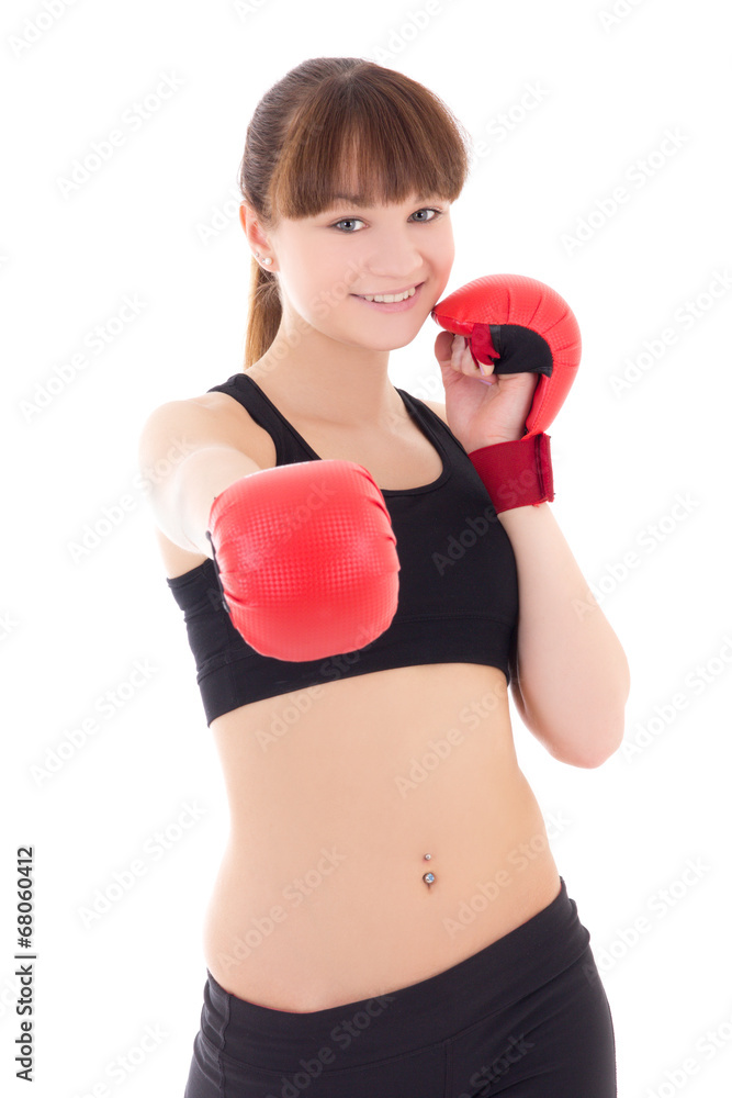 beautiful teenage girl in boxing gloves isolated on white beautiful teenage girl in boxing gloves isolated on white