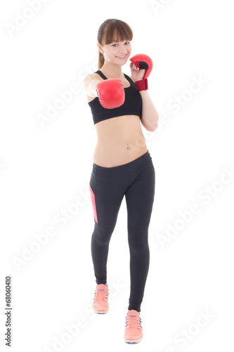young beautiful slim woman in boxing gloves isolated on white © Di Studio