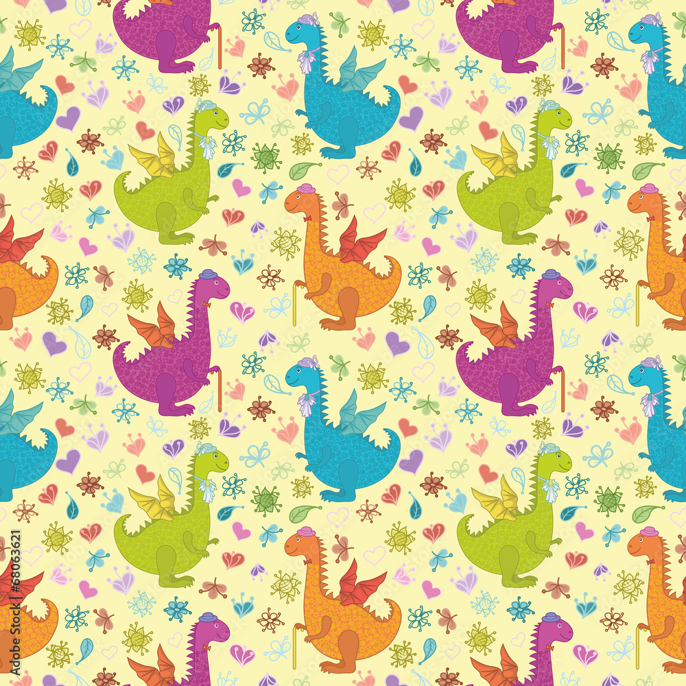 Seamless pattern, cartoon colorful Dragons