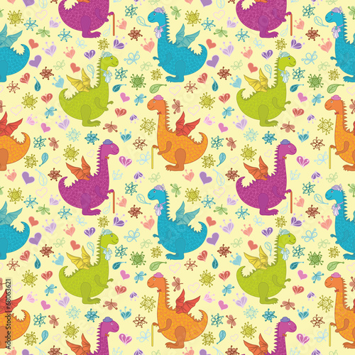 Seamless pattern  cartoon colorful Dragons