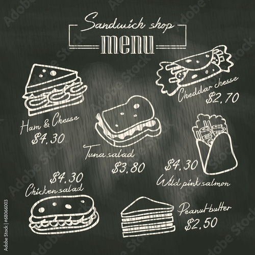 Sandwich doodle menu drawing on chalk board background