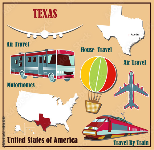 Flat map of Texas  for air travel by car and train