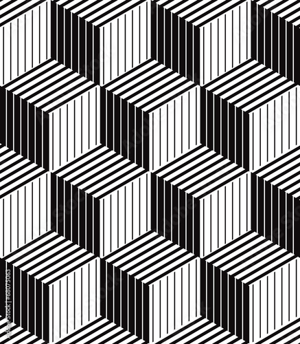 3d boxes geometric optical seamless pattern, black and white