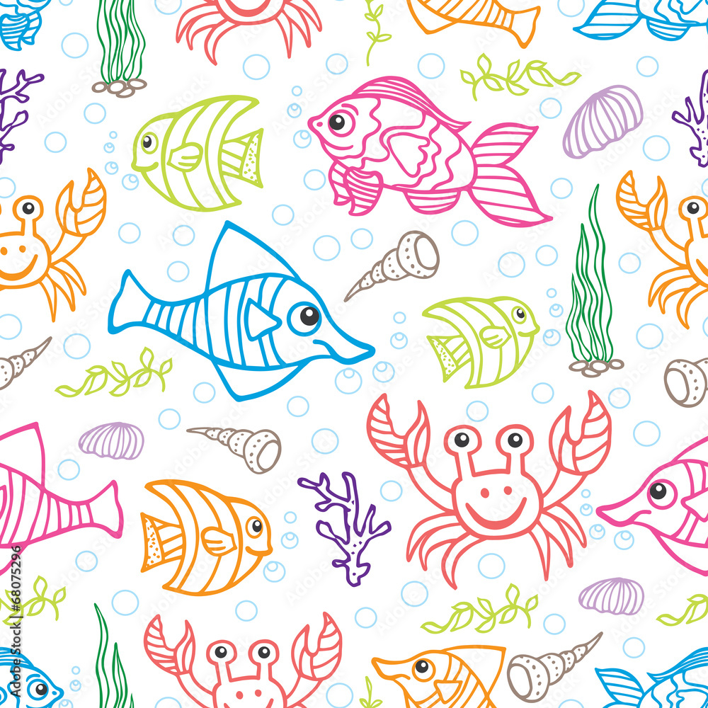 Doodle seamless pattern .Sea Life.Fish and crabs