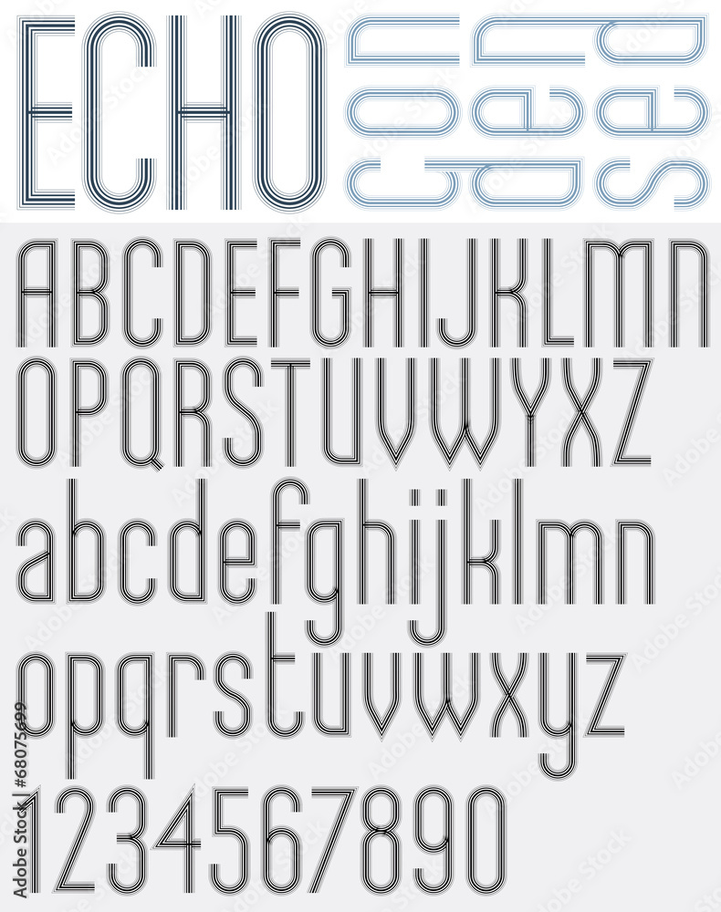 “ECHO” retro striped rounded font. “ECHO” retro striped rounded font.