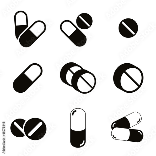 Pills and capsules icon set.