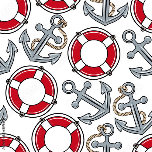 Anchors and life buoys marine seamless background.